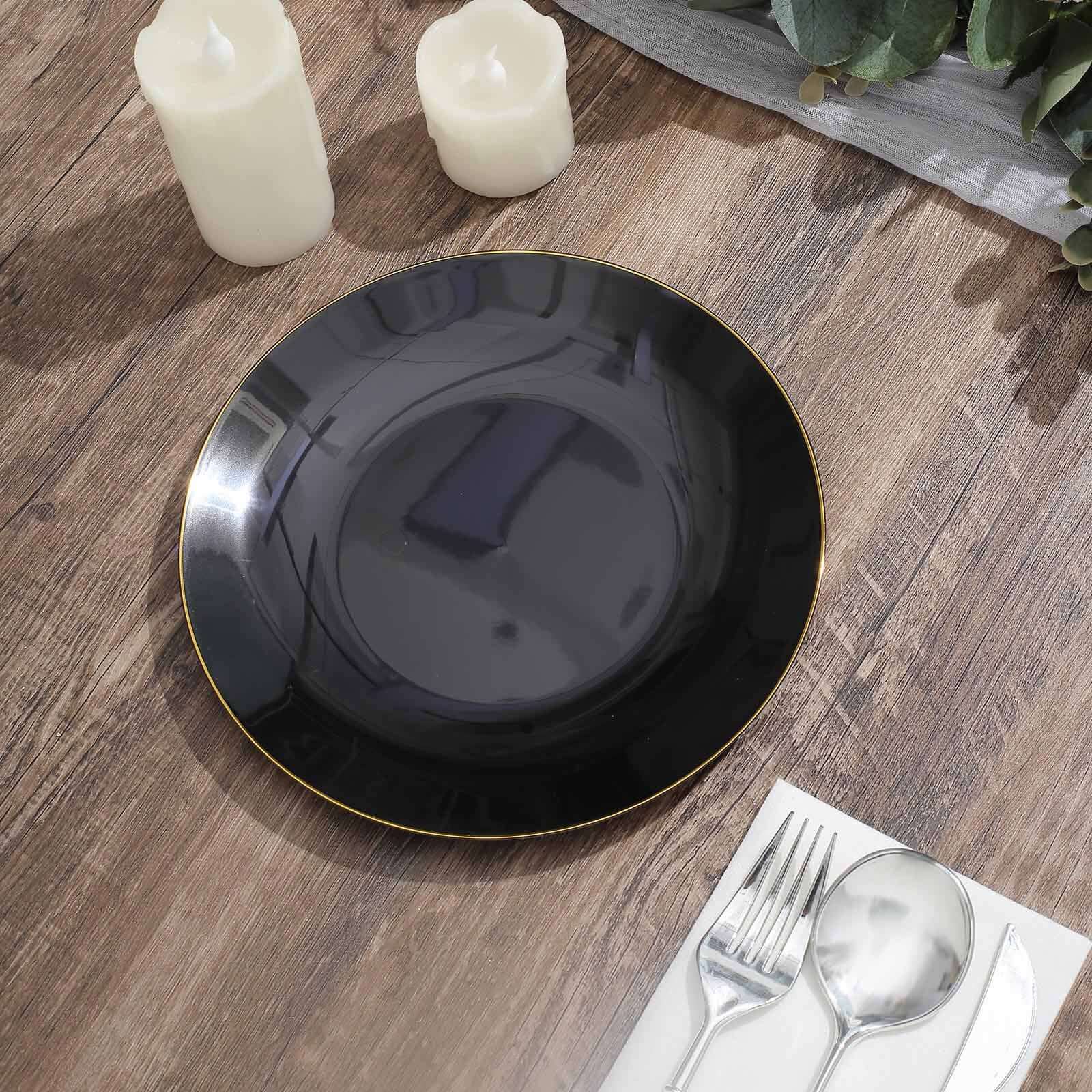 10-Pack Plastic 8" Round Dessert Plates in Black with Gold Rim - Glossy Disposable Appetizer Salad Plates
