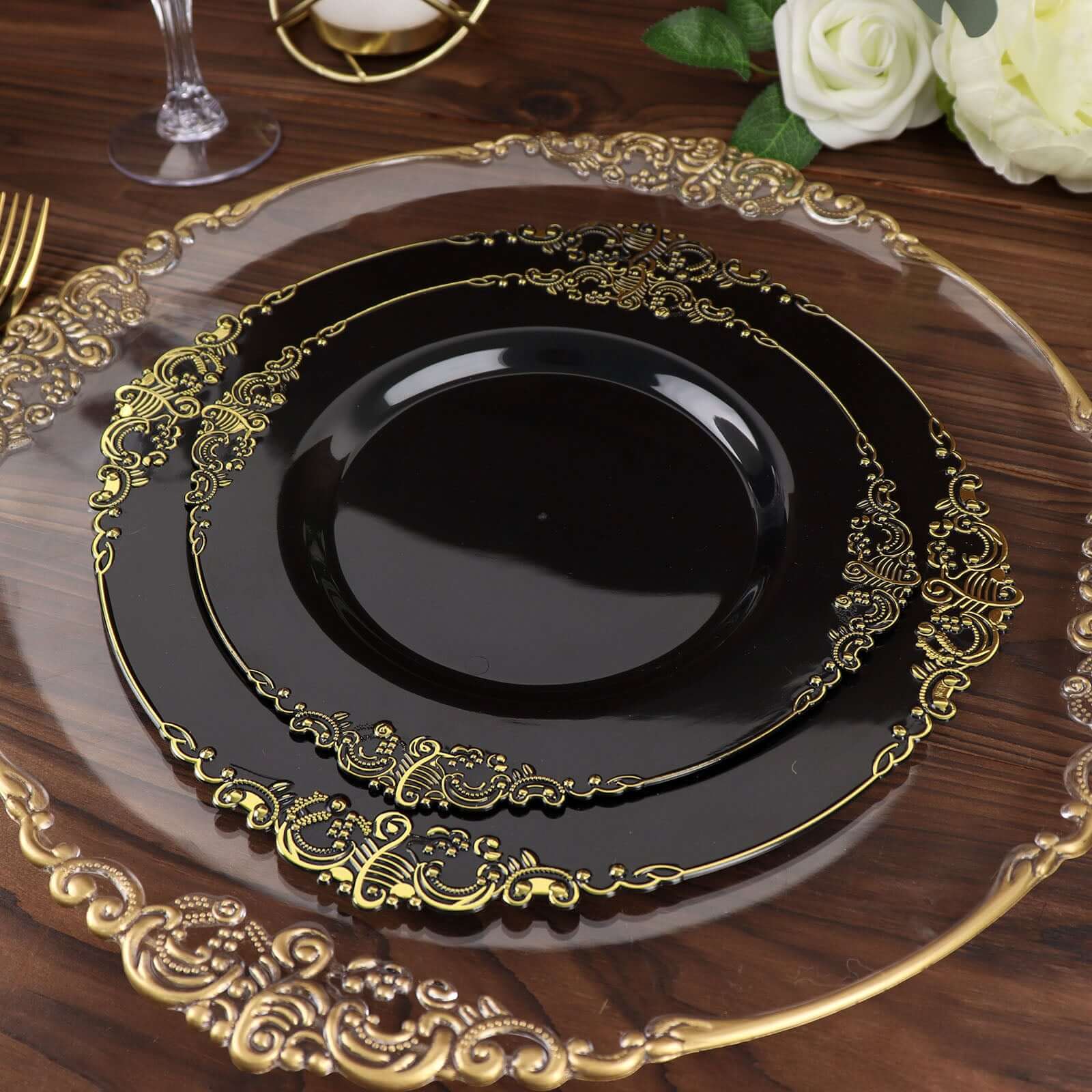 10-Pack Plastic 8" Round Dessert Plates in Black with Gold Leaf Embossed Rim - Disposable Vintage Baroque Style Salad Plates