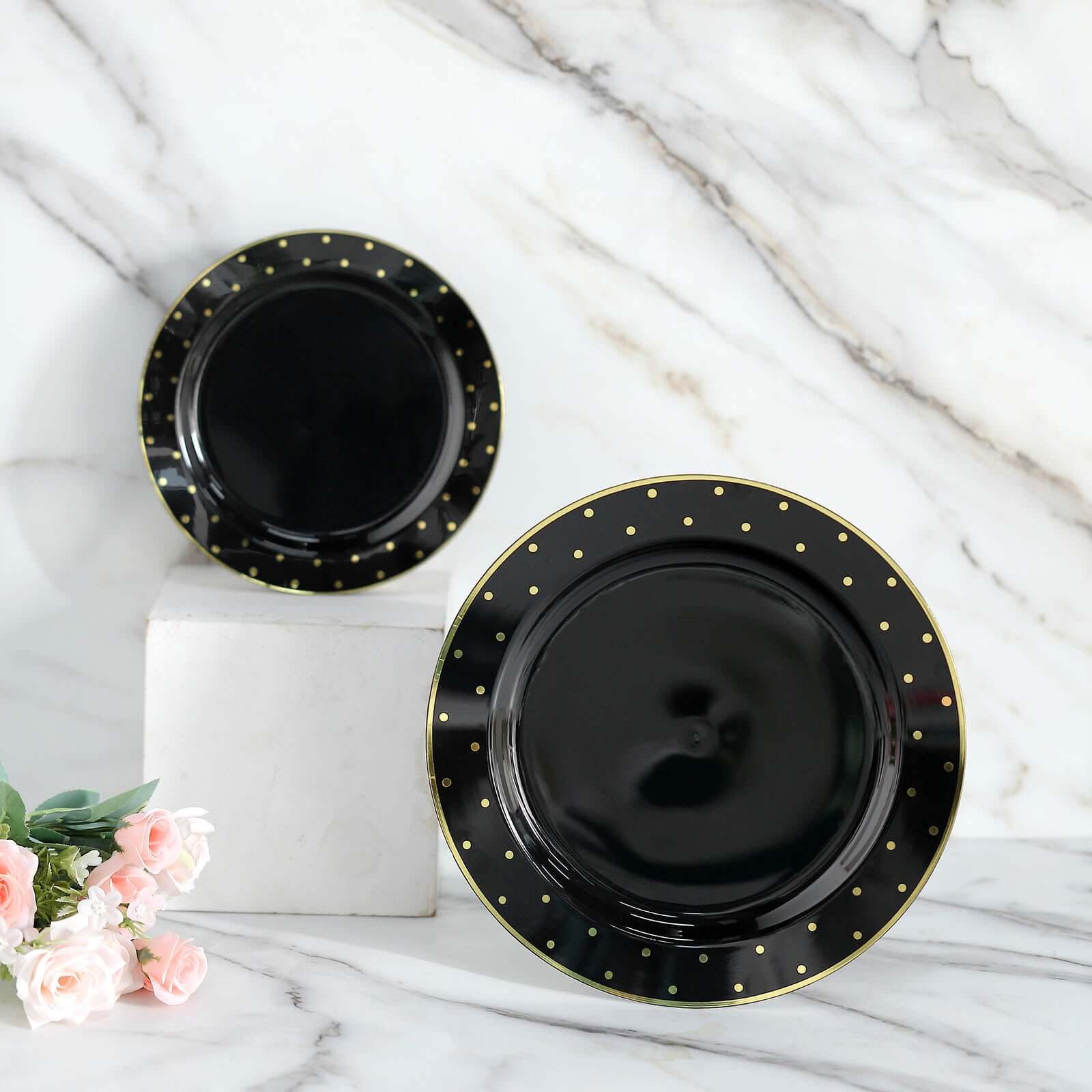10 Pack 7.5" Black With Gold Dot Rim Plastic Dessert Plates, Round Salad Disposable Tableware Plates