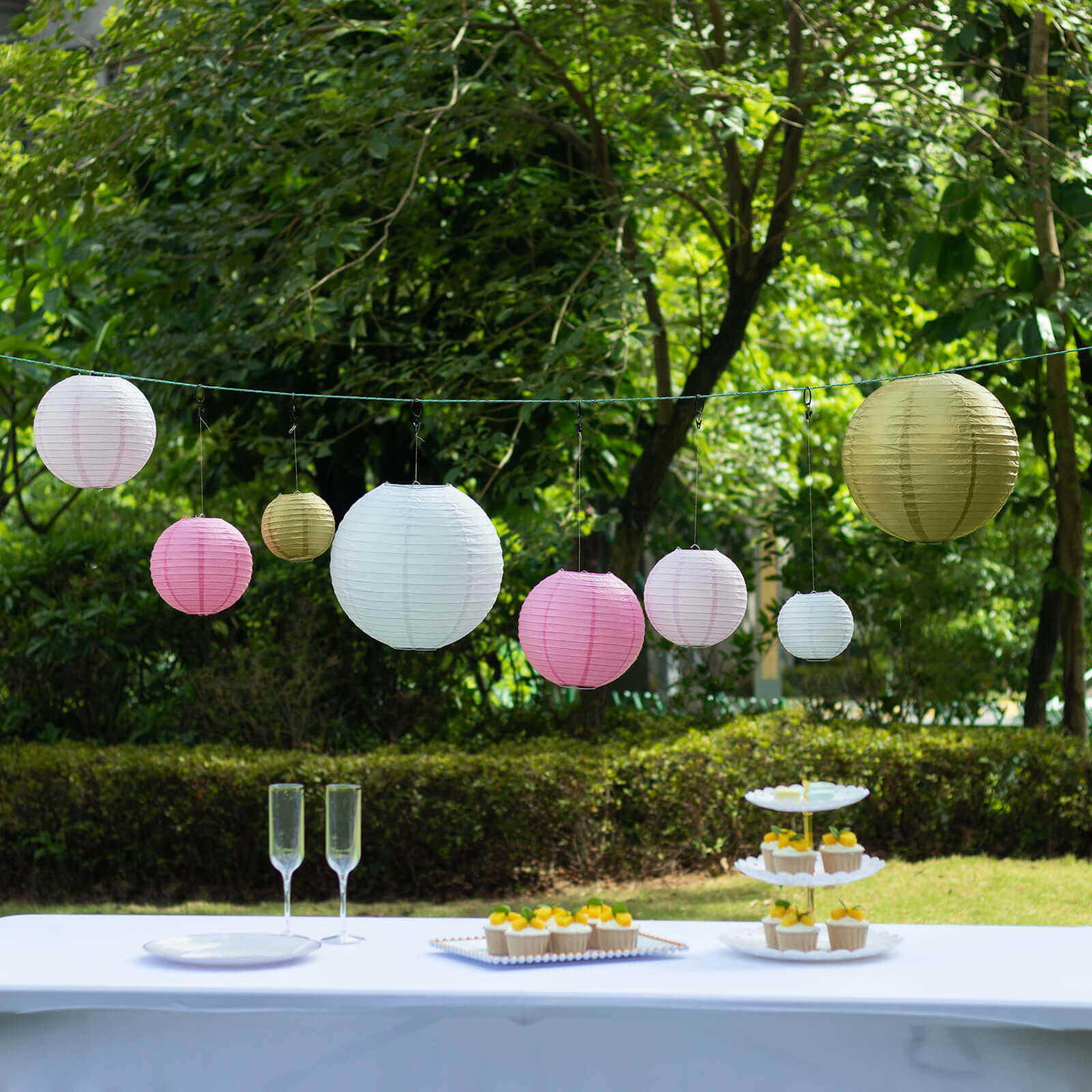 Set of 8 Mixed Blush Gold Hanging Paper Lanterns, Decorative Round Chinese Sky Lanterns, Assorted Sizes - 6",8",10",14"