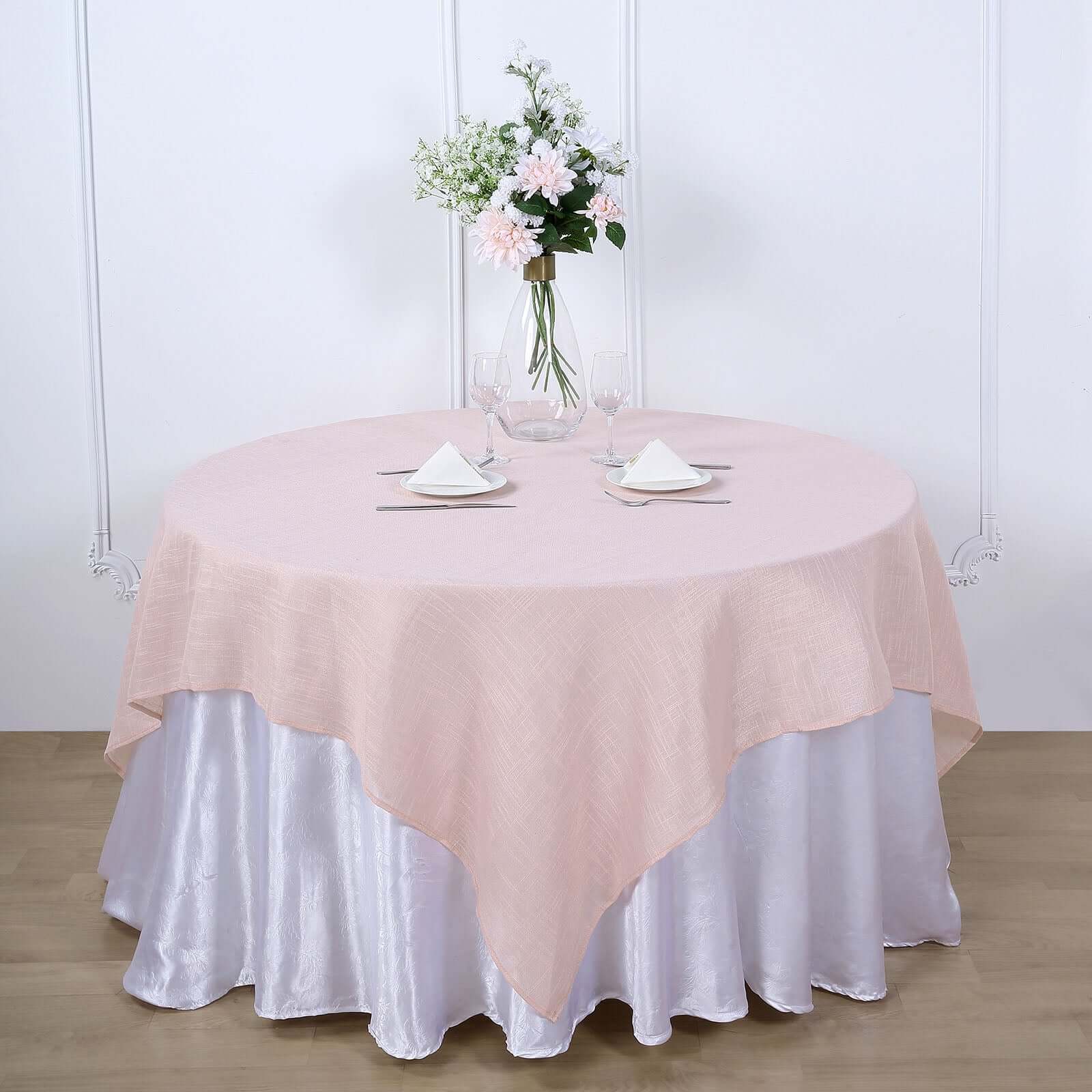 Linen 72"x72" Table Overlay Square Tablecloth Blush - Slubby Textured Wrinkle-Resistant Design for Stylish Occasions