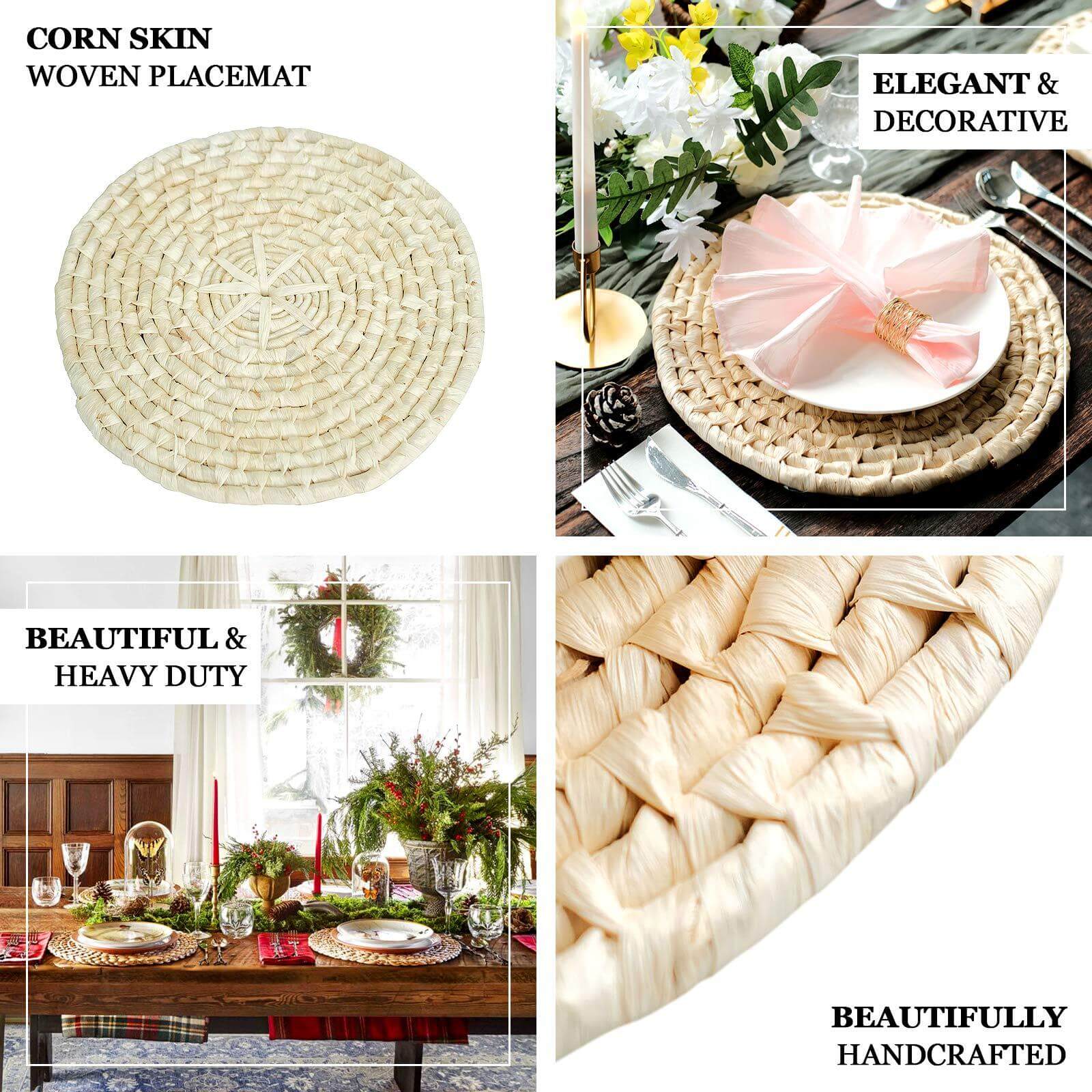 4-Pack Placemats Braided Design Natural Corn Husk Round - Woven Rustic Rattan Style for Tables 15"