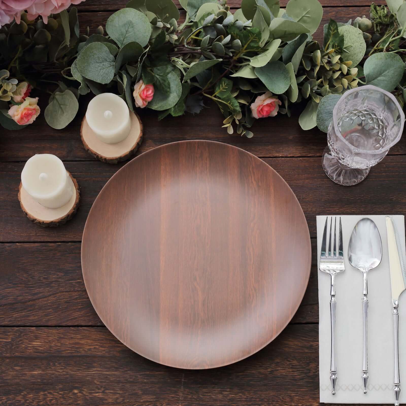 Pack of 6 Melamine 10" Round Dinner Plates in Brown Wood Grain Print - Disposable Shatterproof Party Plates for Rustic Farmhouse-Inspired Table Decor