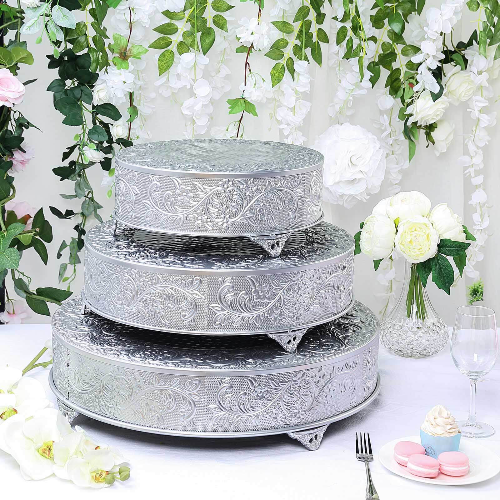 Metal 22" Round Cake Pedestal Stand Matte Silver - Cupcake Dessert Display Riser with Intricate Embossed Design for Upscale Events & Gatherings
