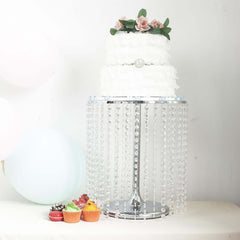 Metal Cake Stand Round Design Metallic Silver with Crystal Chains 14" Dia - Cupcake Dessert Pedestal 16"Tall