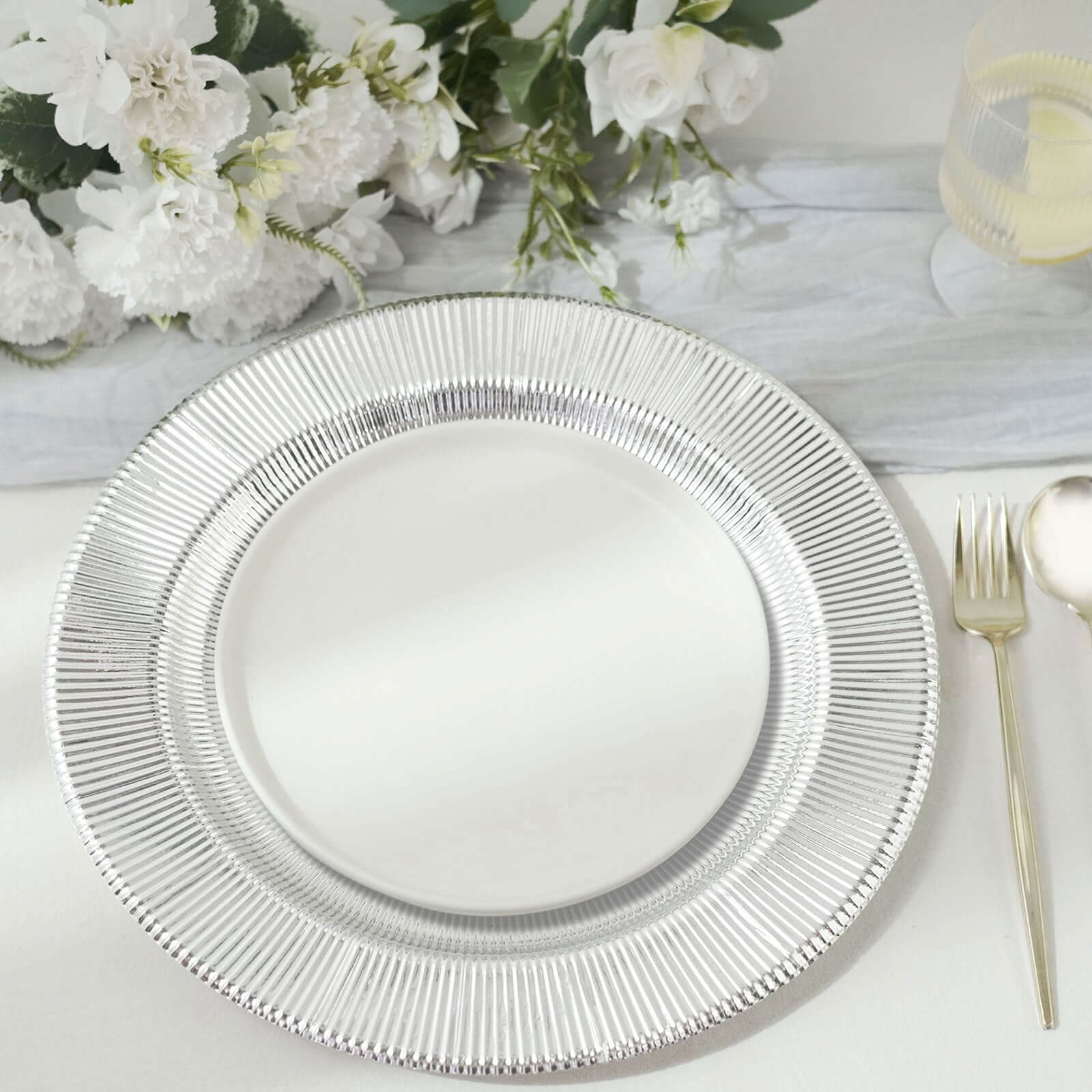 25-Pack Disposable Round Charger Plates in Metallic Silver Sunray Design - 350GSM Heavy Duty Paper Chargers 13"