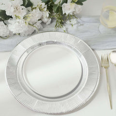 25-Pack Disposable Round Charger Plates in Metallic Silver Sunray Design - 350GSM Heavy Duty Paper Chargers 13"