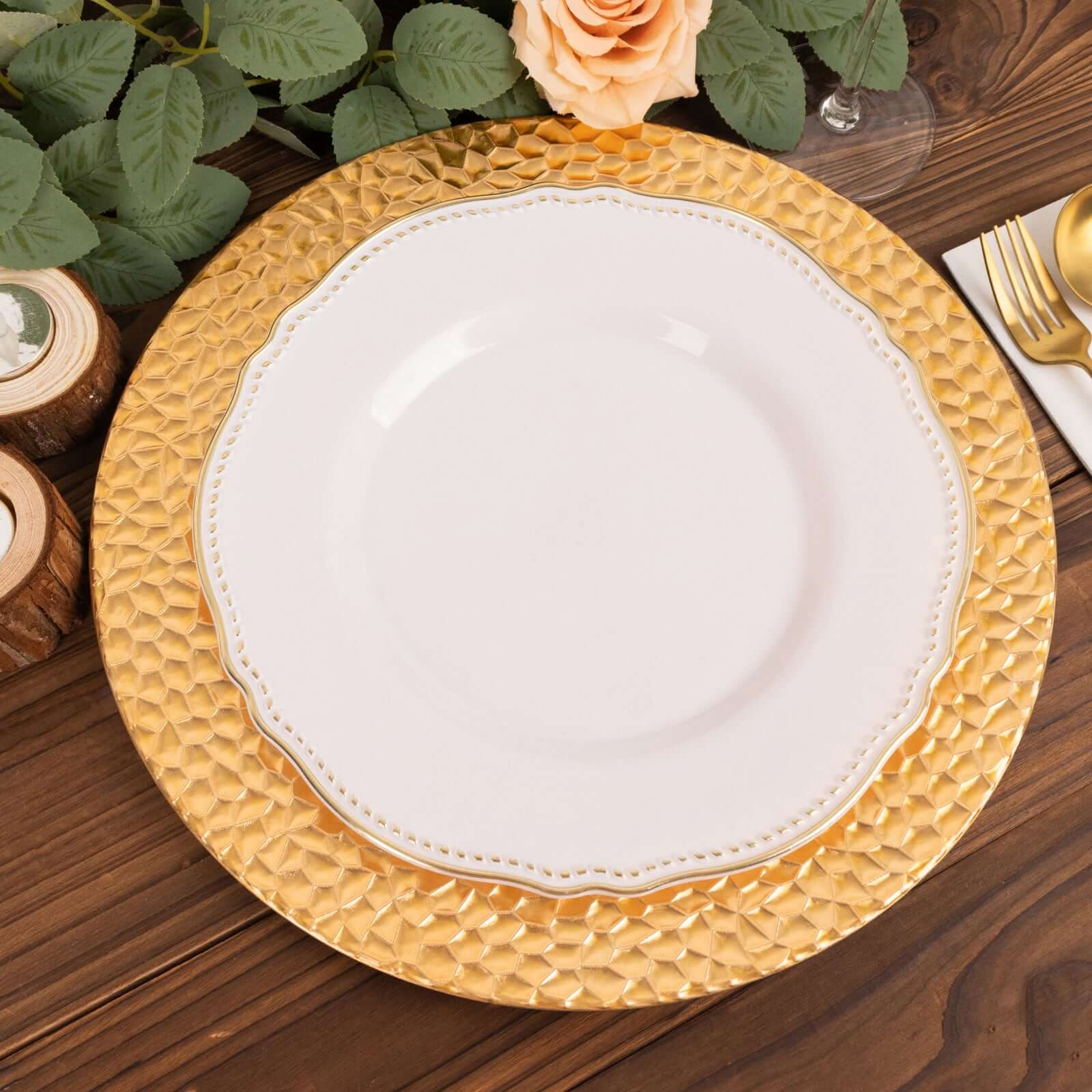 6-Pack Acrylic Round Charger Plates 13" in Metallic Gold with Hammered Rim, Plastic Decorative Dinner Party Charger Tableware