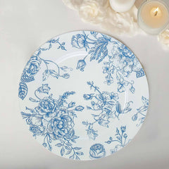 6-Pack Acrylic Round Charger Plates 13" in White with Light Blue Floral French Toile Pattern, Decorative Dinner Party Charger Tableware