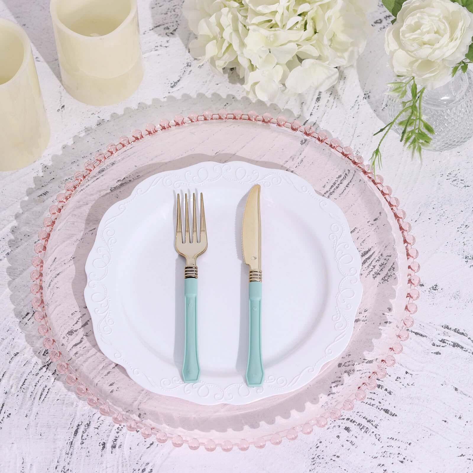 6-Pack Acrylic Round Charger Plates 13" in Transparent Blush with Beaded Rim, Decorative Dinner Party Serving Plates