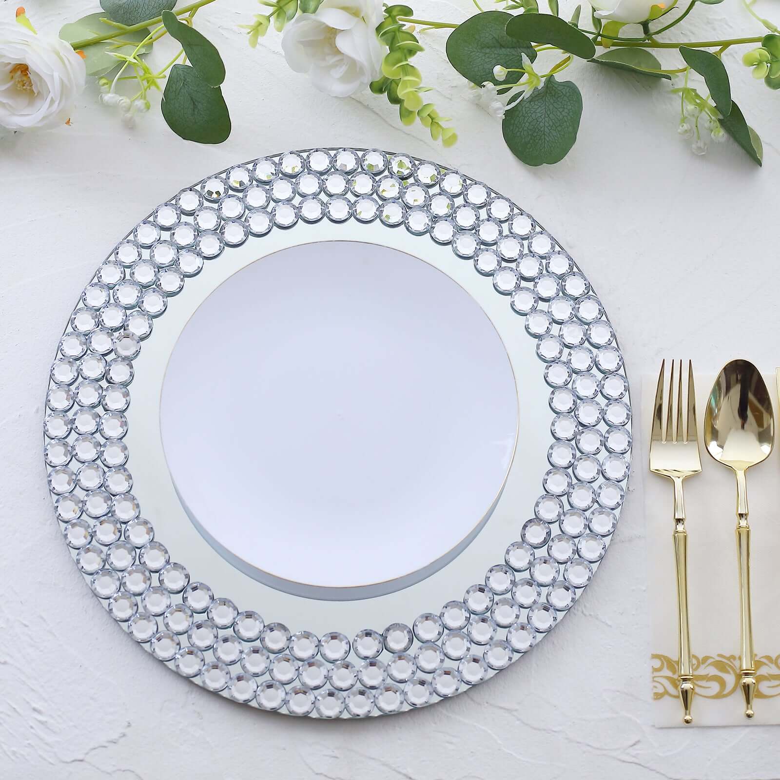 2-Pack Mirror Glass Round Charger Plates 13" with Silver Mirror Diamond Beaded Rim, Upscale Decorative Chargers