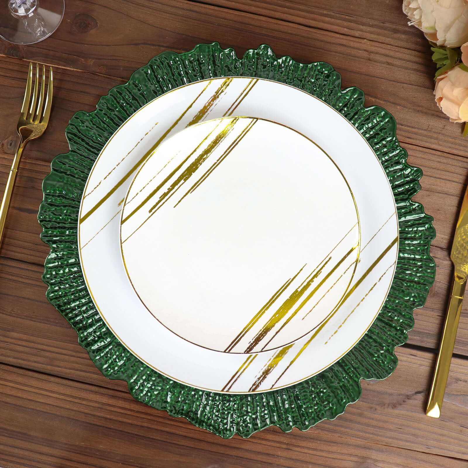 6-Pack Acrylic Plastic Round Charger Plates 13" in Hunter Emerald Green with Reef Design, Dinner Charger Tableware