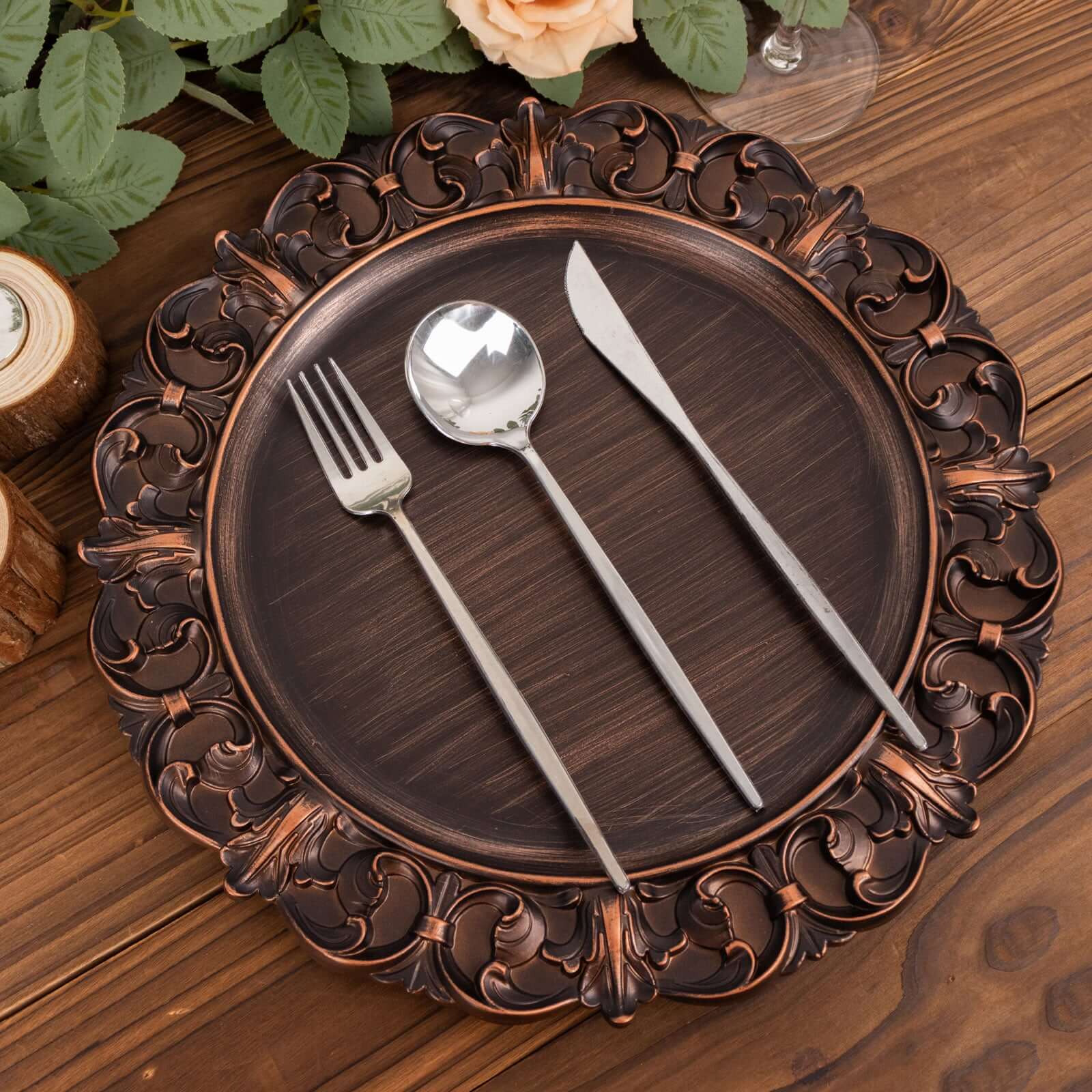 6-Pack Acrylic Round Charger Plates 13" in Dark Brown with Aristocrat Retro Baroque Rim, Ornate Plastic Decorative Chargers