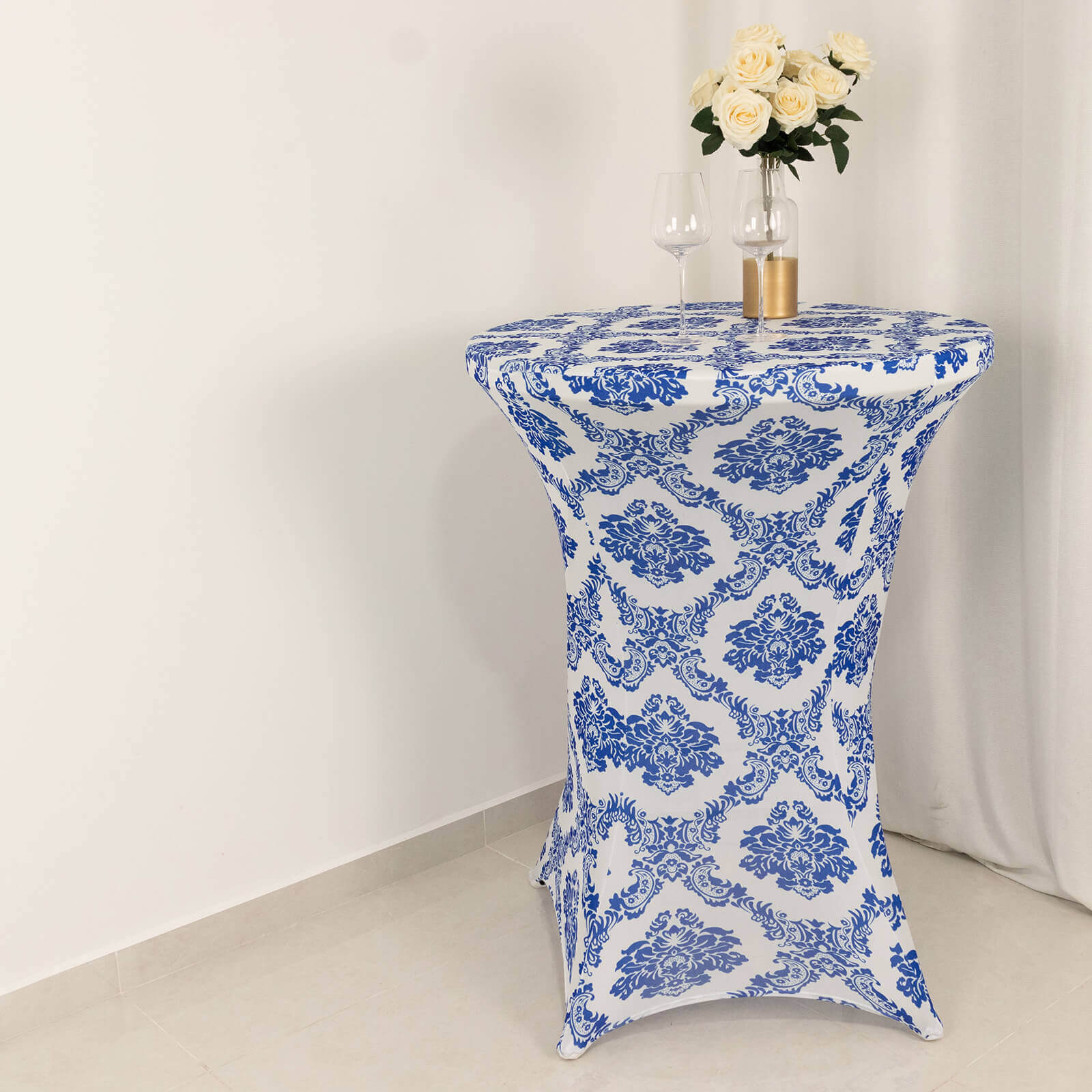 Spandex 24"-32" Round Cocktail Table Cover Royal Blue Damask Highboy Tables - Easy to Maintain Stretch Fitted Tablecloth