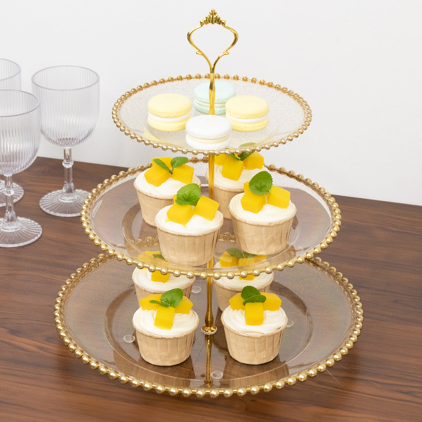 14" Clear Gold Glittered 3-Tier Plastic Dessert Display Stand With Gold Beaded Rim, Round Cupcake Tower Tea Party Serving Platter With Top Handle