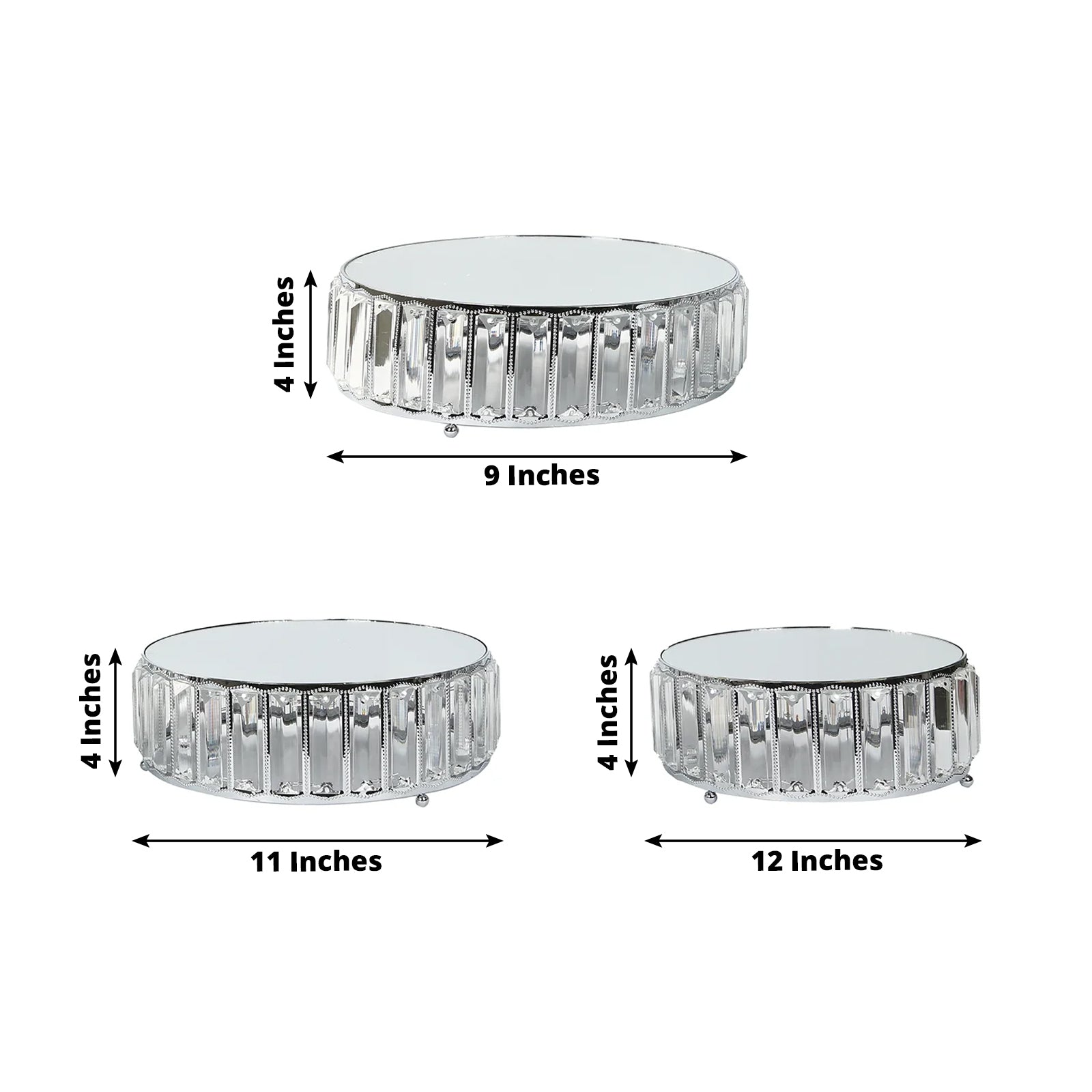 Set of 3 Silver Metal Crystal Pendant Cake Stands with Mirror Top, Stackable Round Dessert Display Trays - 9",11",12"