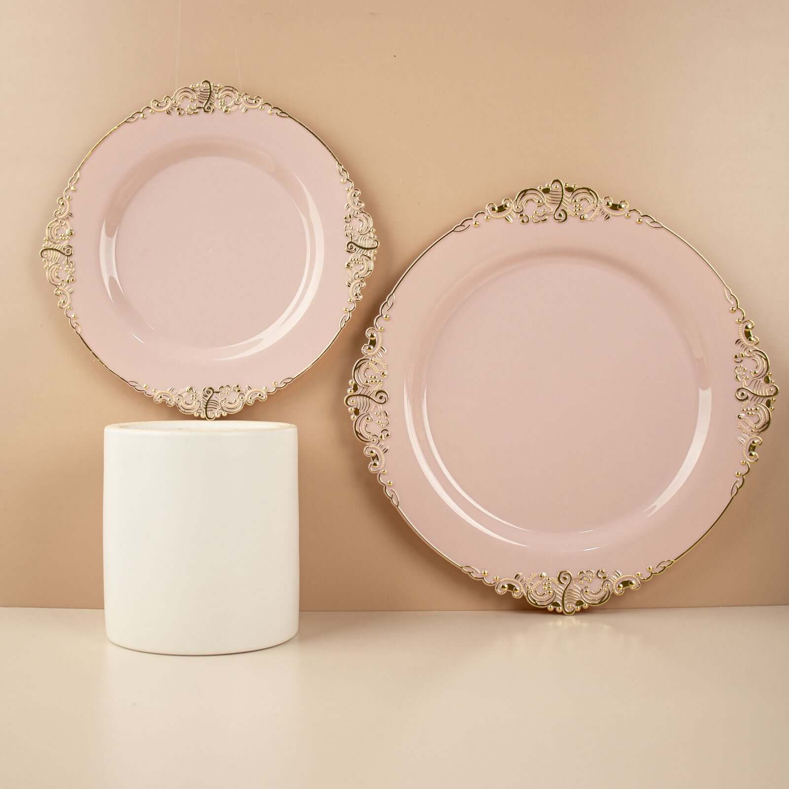 10-Pack Plastic 8" Round Dessert Plates in Blush with Gold Leaf Embossed Rim - Disposable Vintage Baroque Style Salad Plates