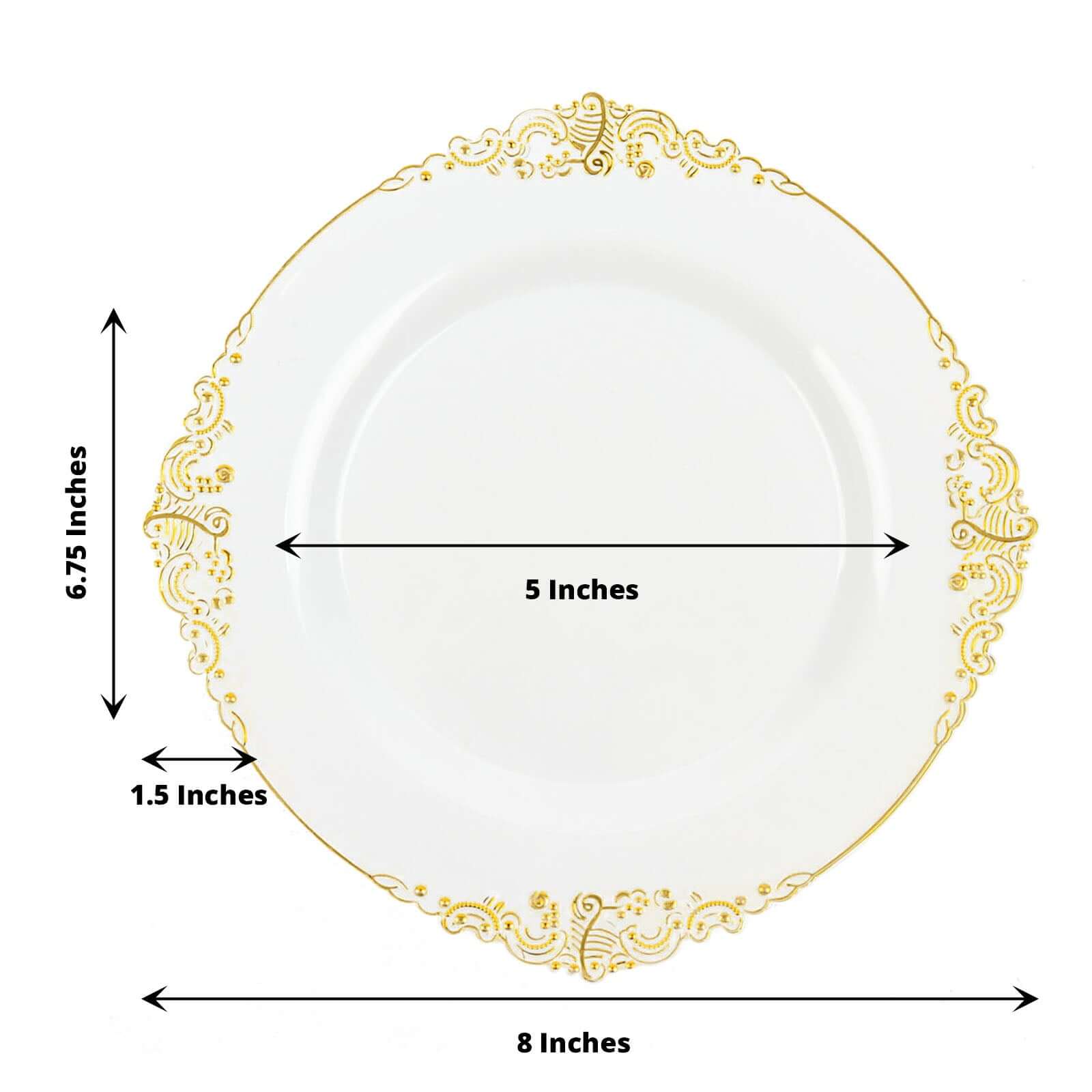 10-Pack Plastic 8" Round Dessert Plates in White with Gold Leaf Embossed Rim - Disposable Vintage Baroque Style Salad Plates for Luxurious Gatherings & Events