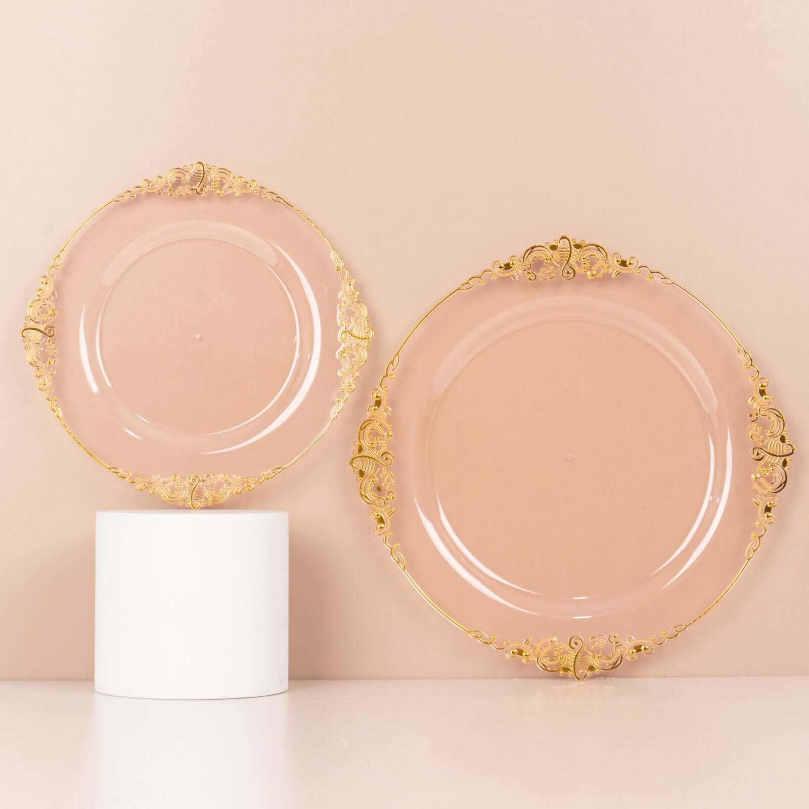 10-Pack Plastic 8" Round Dessert Plates in Transparent Blush with Gold Leaf Embossed Rim - Disposable Vintage Baroque Style Salad Plates