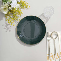 10-Pack Plastic 8" Round Dessert Plates in Hunter Emerald Green with Gold Rim - Glossy Disposable Appetizer Salad Plates