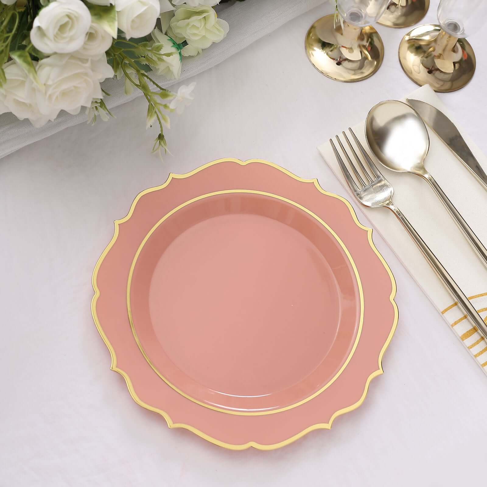 10-Pack Plastic 8" Round Desert Plates in Dusty Rose with Gold Scalloped Rim - Disposable Appetizer/Salad Plates