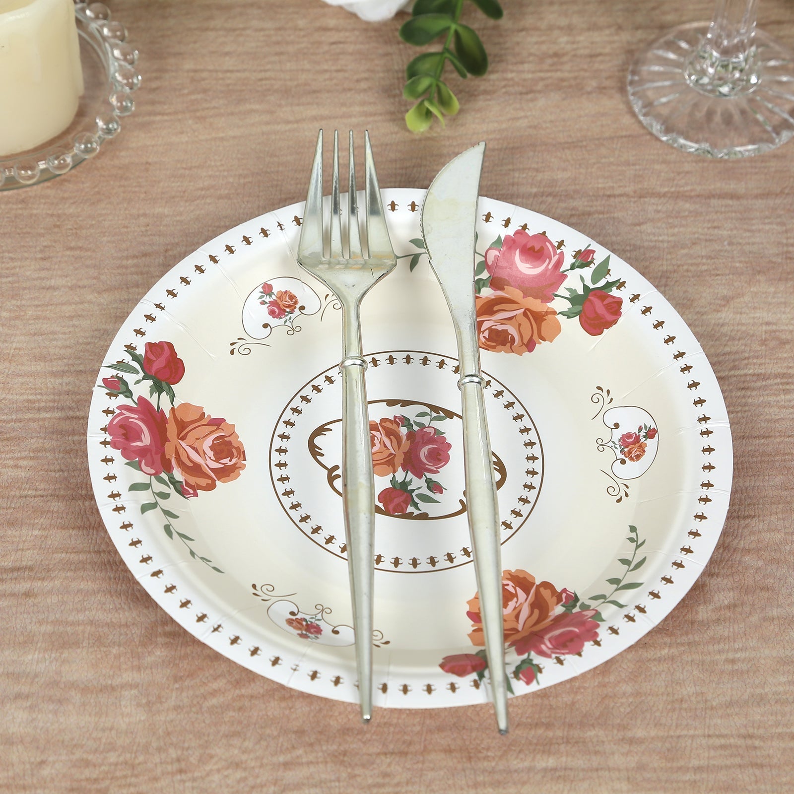 25-Pack Paper 7" Round Dessert Plates in Ivory with Vintage Rose Flower Print - Disposable Appetizer Salad Plates for Bridal Showers & Garden Luncheons