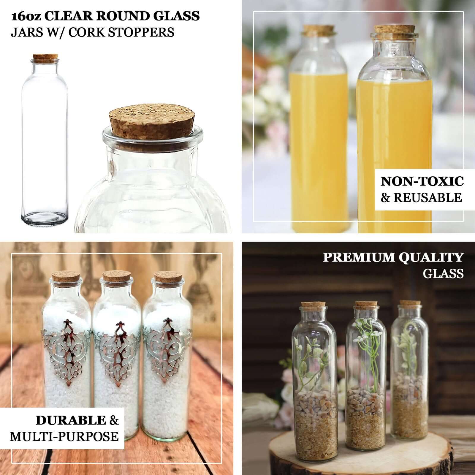 12-Pack Glass Storage Jars Round Design Clear with Cork Stoppers - Refillable Bottles for Kitchen & Organization 9" 16oz