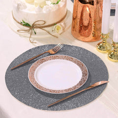 6-Pack Placemats Glitter Design Charcoal Gray Sparkle Round - Non-Slip Decorative Dining Table Mats 13"