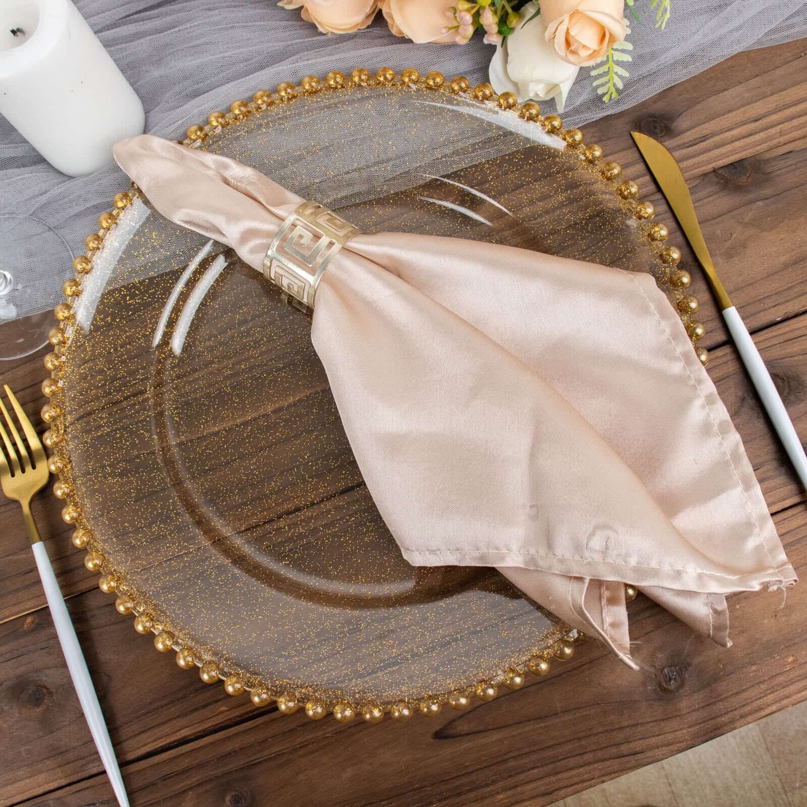 6-Pack Acrylic Round Charger Plates 13" in Clear Gold Glittered with Beaded Rim, Decorative Dinner Party Serving Plates