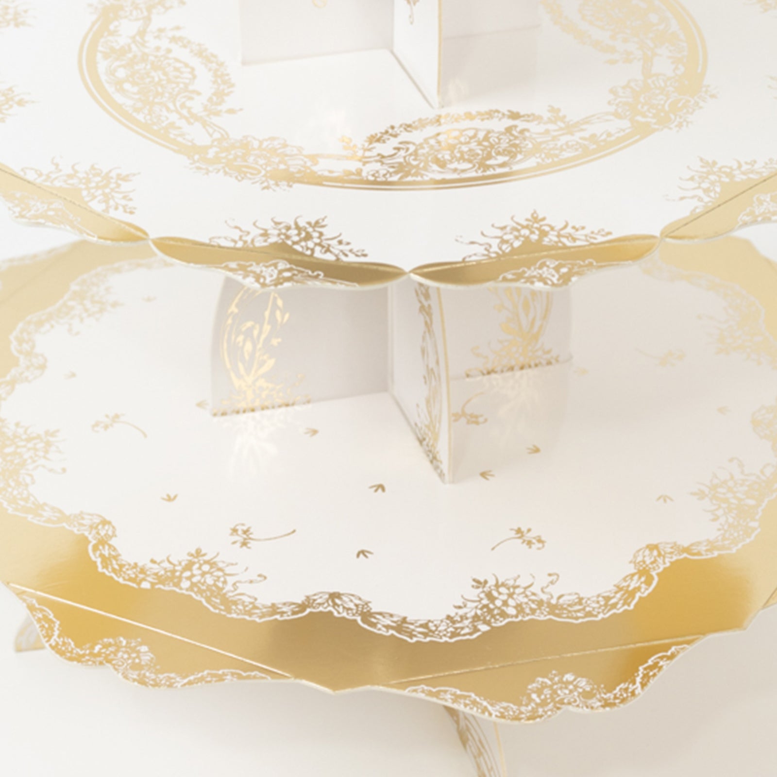 2-Pack 3-Tier Cupcake Display Stands with Vintage Floral Pattern, White Gold Round Cardboard Dessert Towers - 15"
