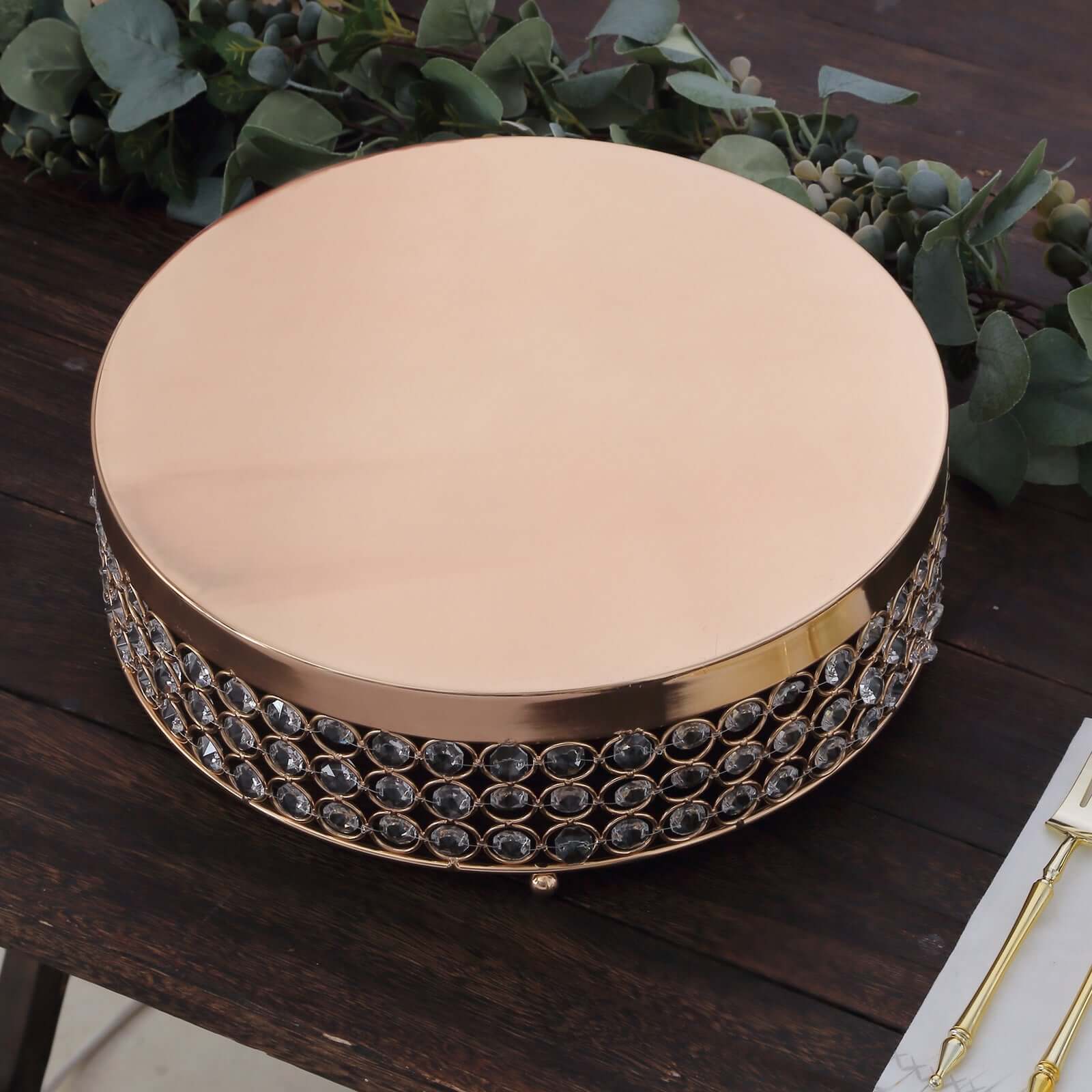 Metal Cake Stand Pedestal Crystal Beaded Design Gold - Cupcake Display and Dessert Riser 13"