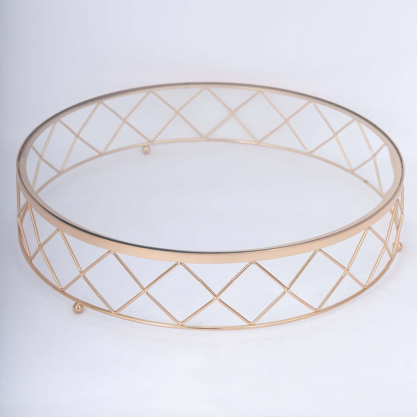 Metal Cake Stand Geometric Diamond Cut Design Gold with Glass Top - Dessert Display Riser 14"