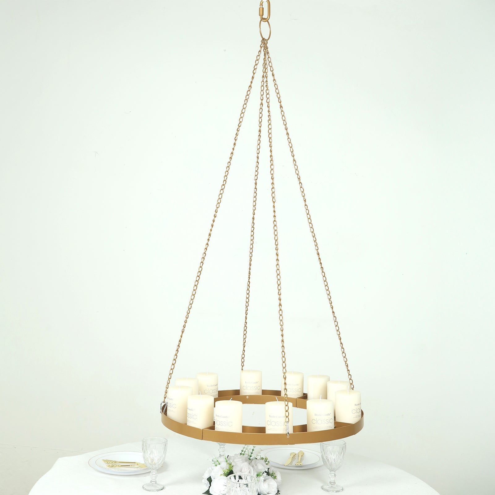 Gold Hanging Metal Floral Chandelier Frame - 24" Circular Lighting, Candle and Floral Display Base
