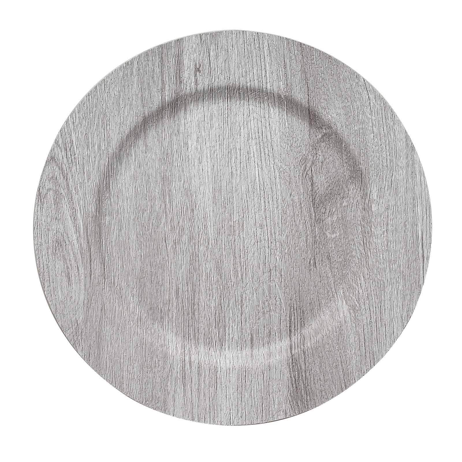 6-Pack Plastic Round Charger Plates 13" in Gray with Faux Wood Finish, Rustic Boho Chic Dinner Party Charger Tableware