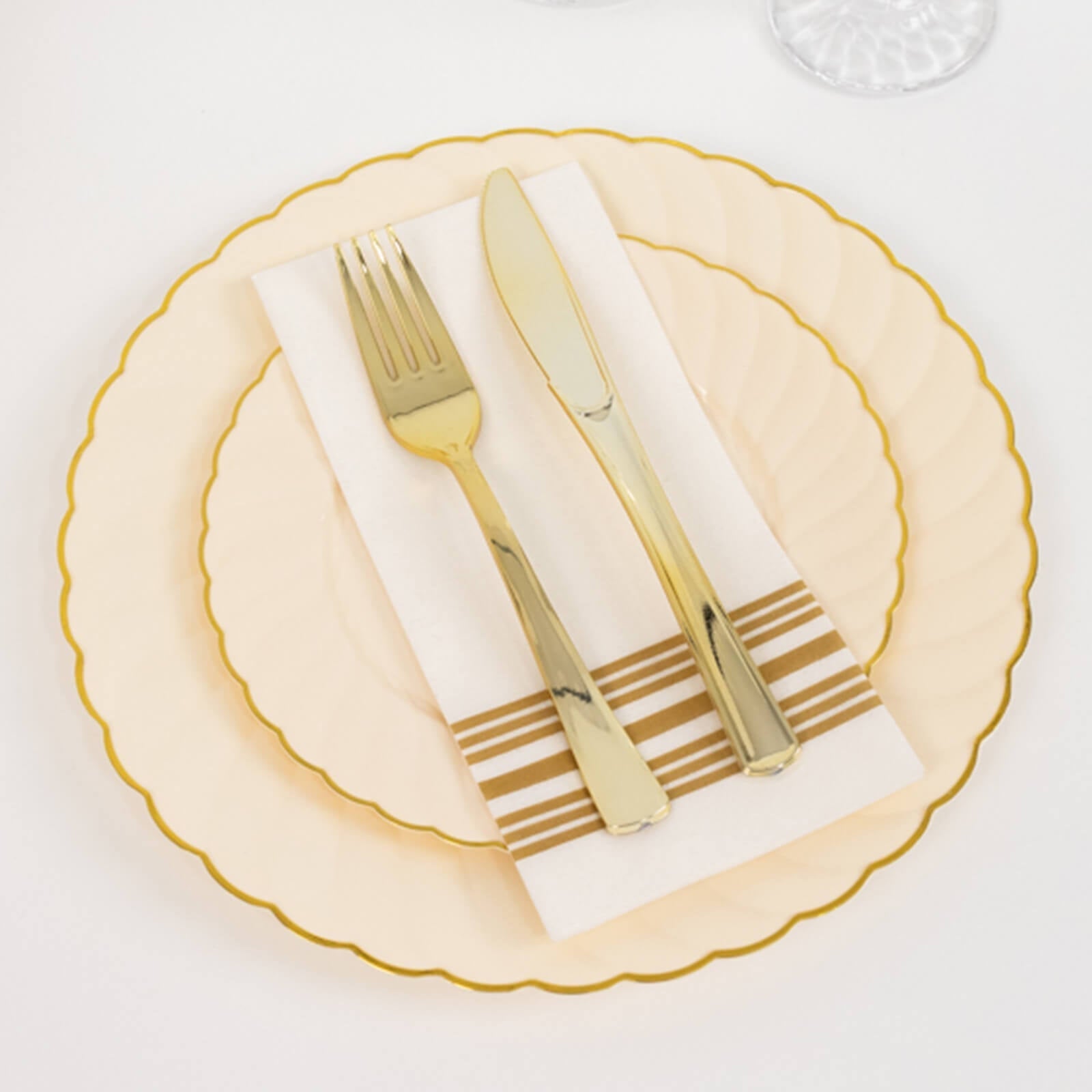 10-Pack Plastic 7.5" Round Salad Dessert Plates in Ivory with Gold Flair Rim - Disposable Party Plates