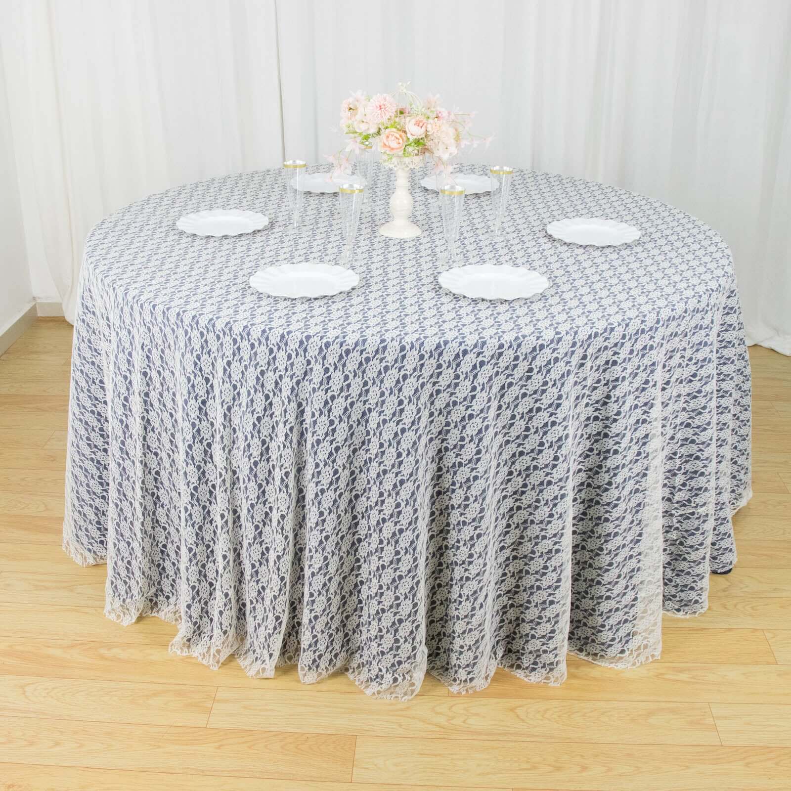 120" Ivory Round Seamless Polyester Floral Lace Tablecloth for 5 Foot Table With Floor-Length Drop