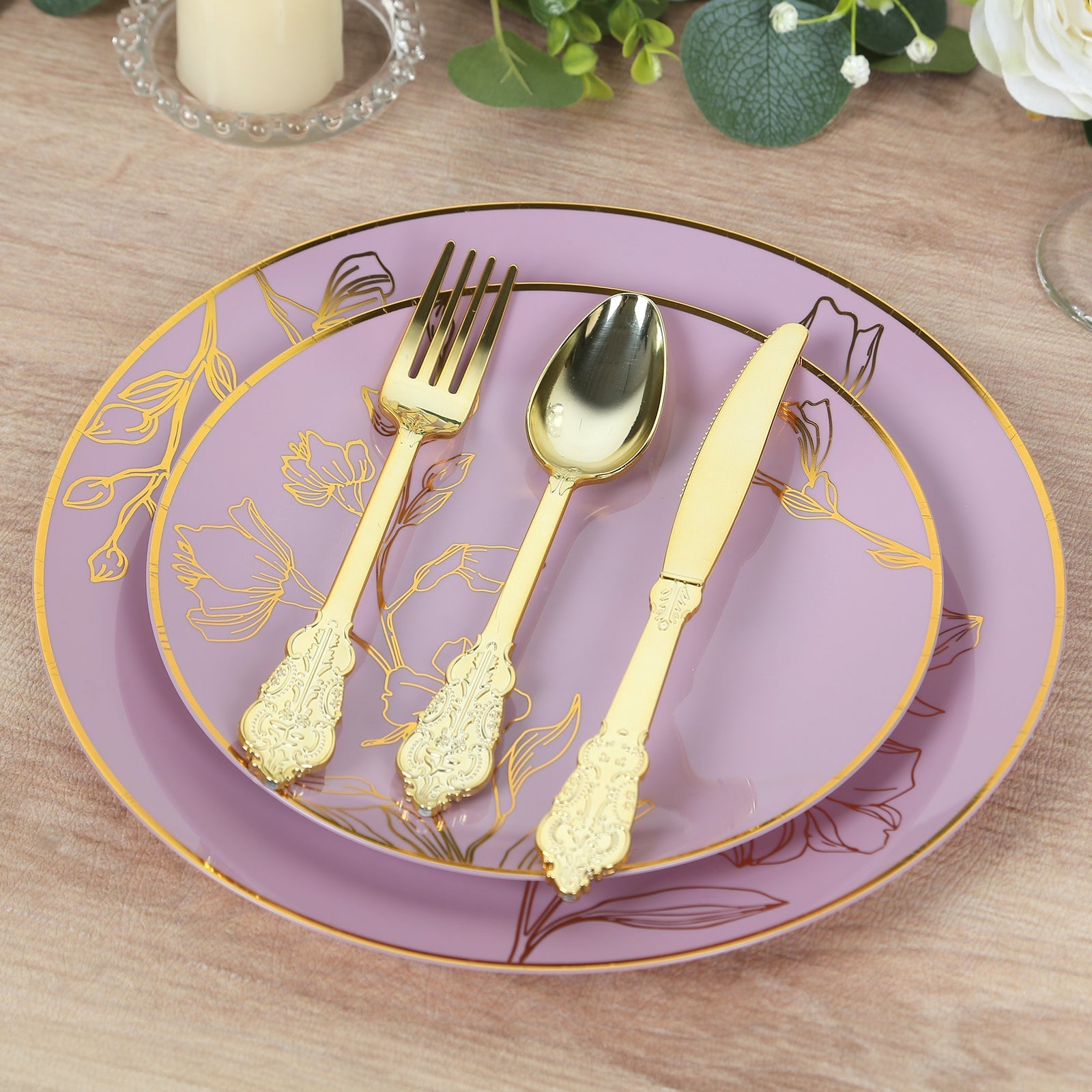 Set of 20 Plastic Round Dinner and Dessert Plates in Lavender Lilac with Metallic Gold Floral Design - Stylish Disposable Dinnerware 8", 10"