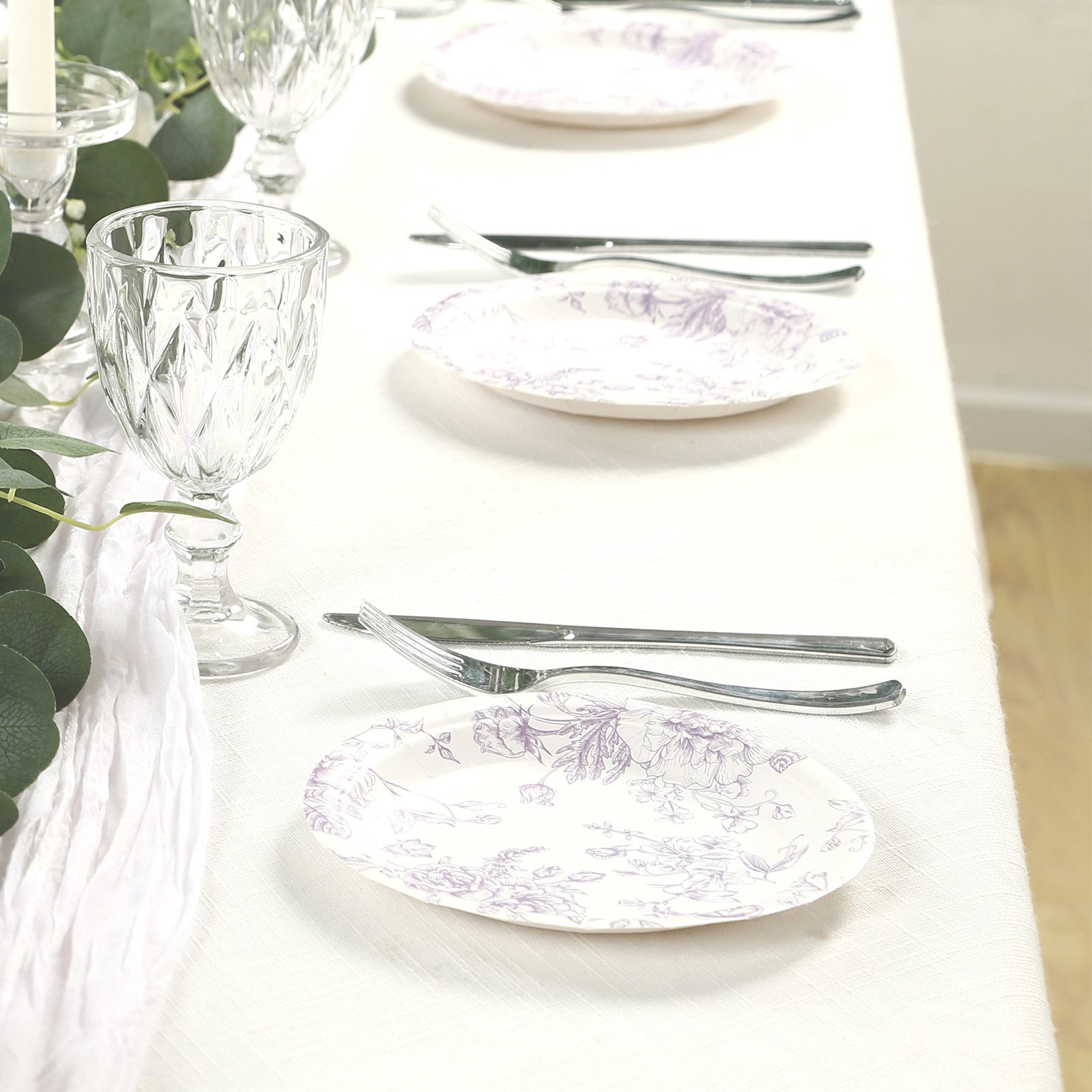 25-Pack Paper 7" Round Dessert Plates in White with Matte Lavender French Toile Pattern - Disposable Floral Salad Appetizer Plates