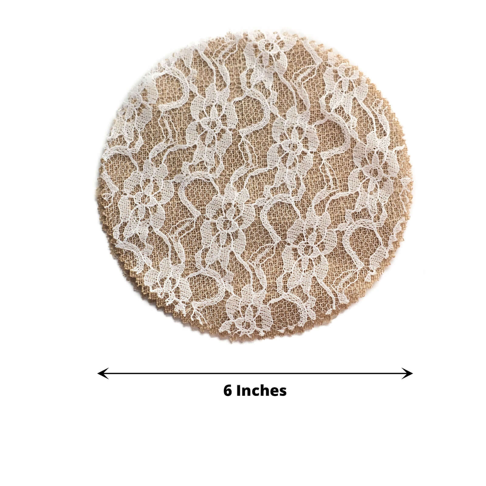 Set of 6 Mason Jar Lid Covers Rustic Burlap/White Lace Fabric Design with Jute String - Scalloped Edge Natural Linen Favor Covers 6"