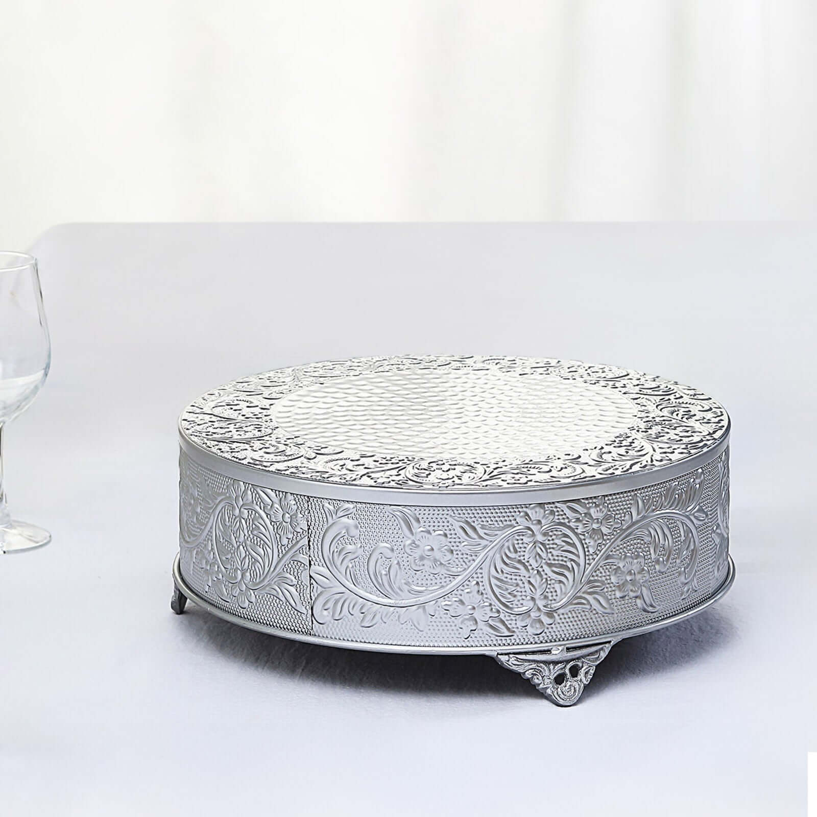 Metal 14" Round Cake Pedestal Stand Matte Silver - Cupcake Dessert Display Riser with Intricate Embossed Design for Upscale Events & Gatherings