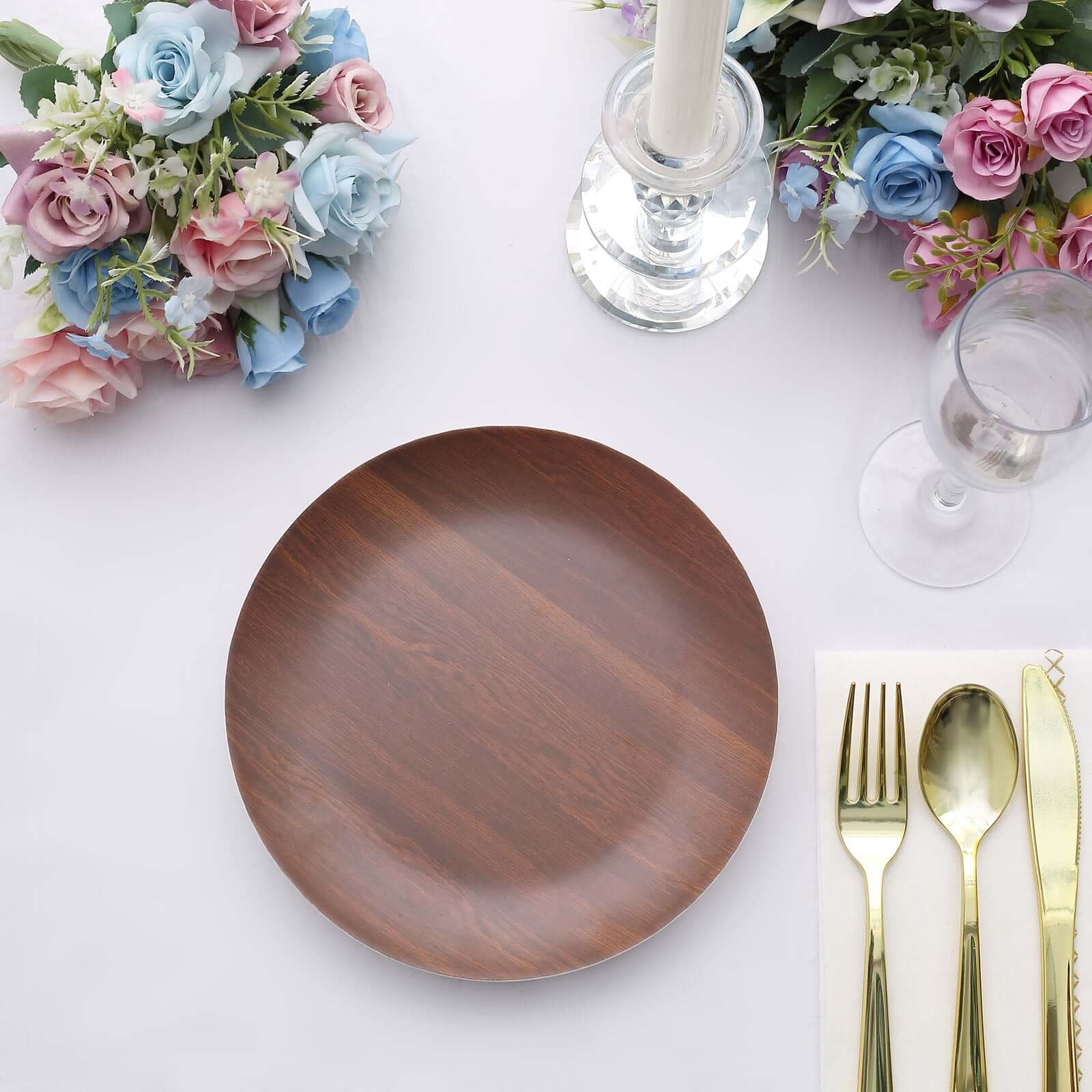 Pack of 6 Melamine 8" Round Dessert Plates in Brown Wood Grain Print - Disposable Shatterproof Appetizer Salad Plates for Rustic Farmhouse-Inspired Table Decor