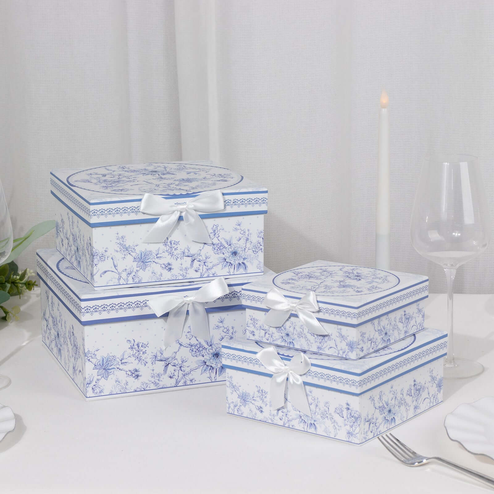 Set of 4 Cardstock Round Nesting Gift Boxes White Blue French Toile Design - Decorative Heavy Duty Stackable Keepsake Boxes With Lids for Presents Storage & Pedestal Stand 5",7",8",9"