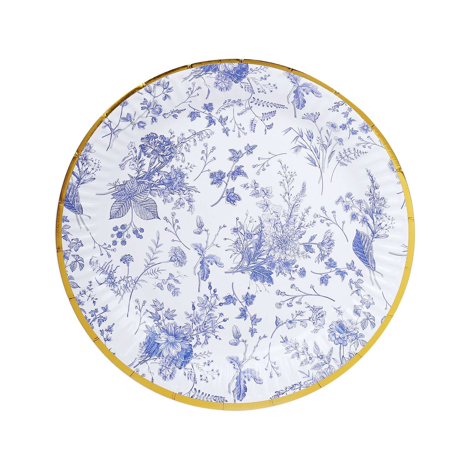25-Pack Paper 9" Round Dinner Plates in White with Light Blue French Toile Pattern & Gold Rim - Disposable Party Plates for Picnics & Chic Brunches