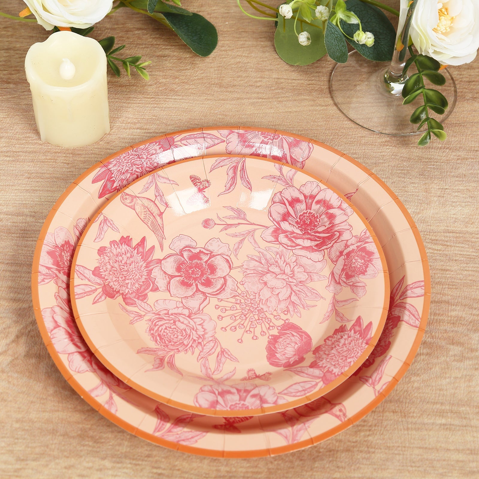 50-Pack Paper Round Dessert and Dinner Plates in Dusty Rose Spring Floral Print with Gold Rim - Heavy Duty Disposable Party Plates Set for Classy Table Decor 7", 9"