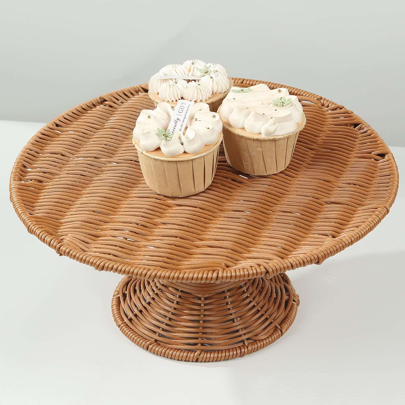 Plastic Round Rattan Wicker Pedestal Cake Stand Natural - Reusable Rustic Cupcake Holder Dessert Table Display Centerpiece for Home Parties & Events 12"