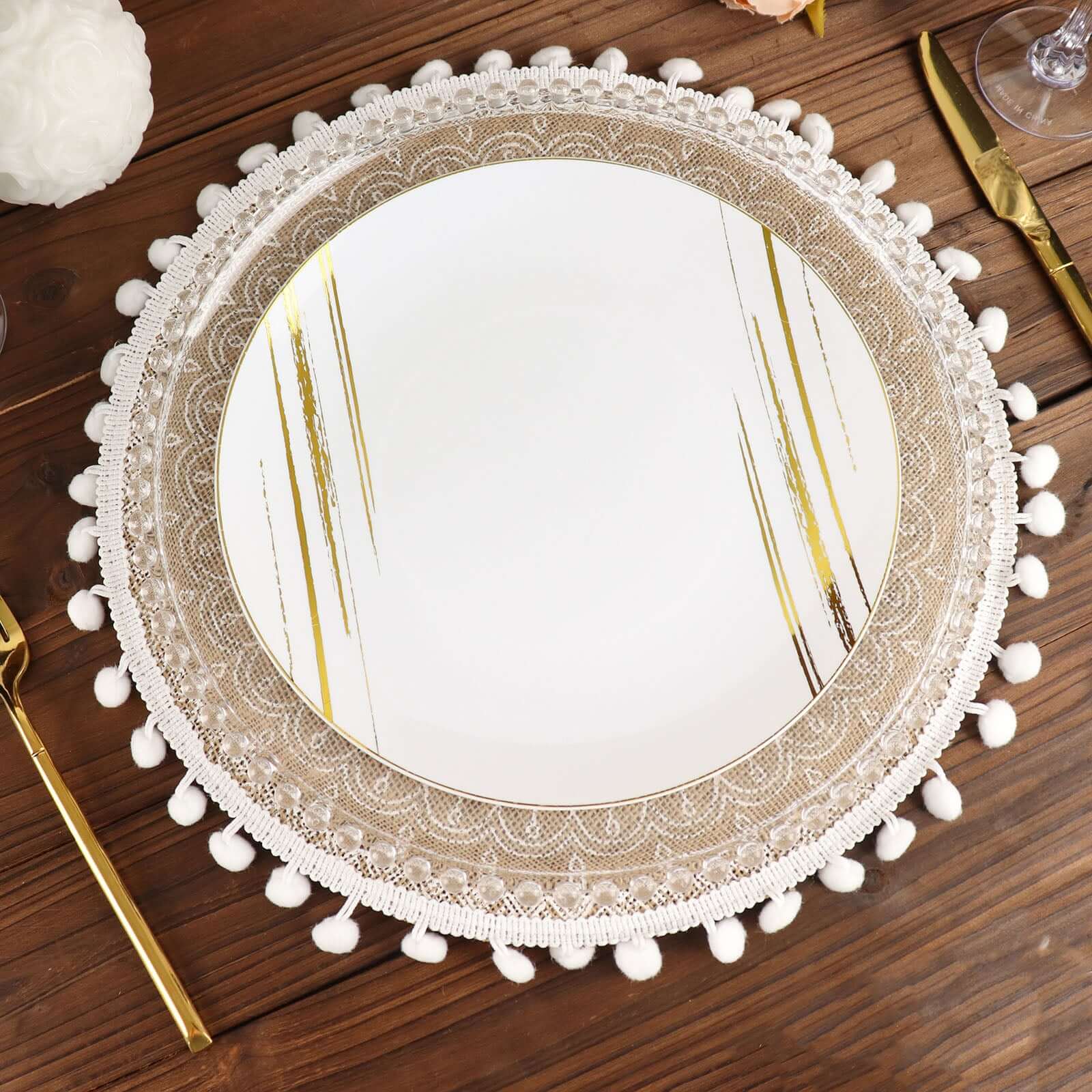 4-Pack Placemats Embroidery Mandala Print Design Natural Jute and White Round - Rustic Burlap Tassel Style with Beaded Trim 15"