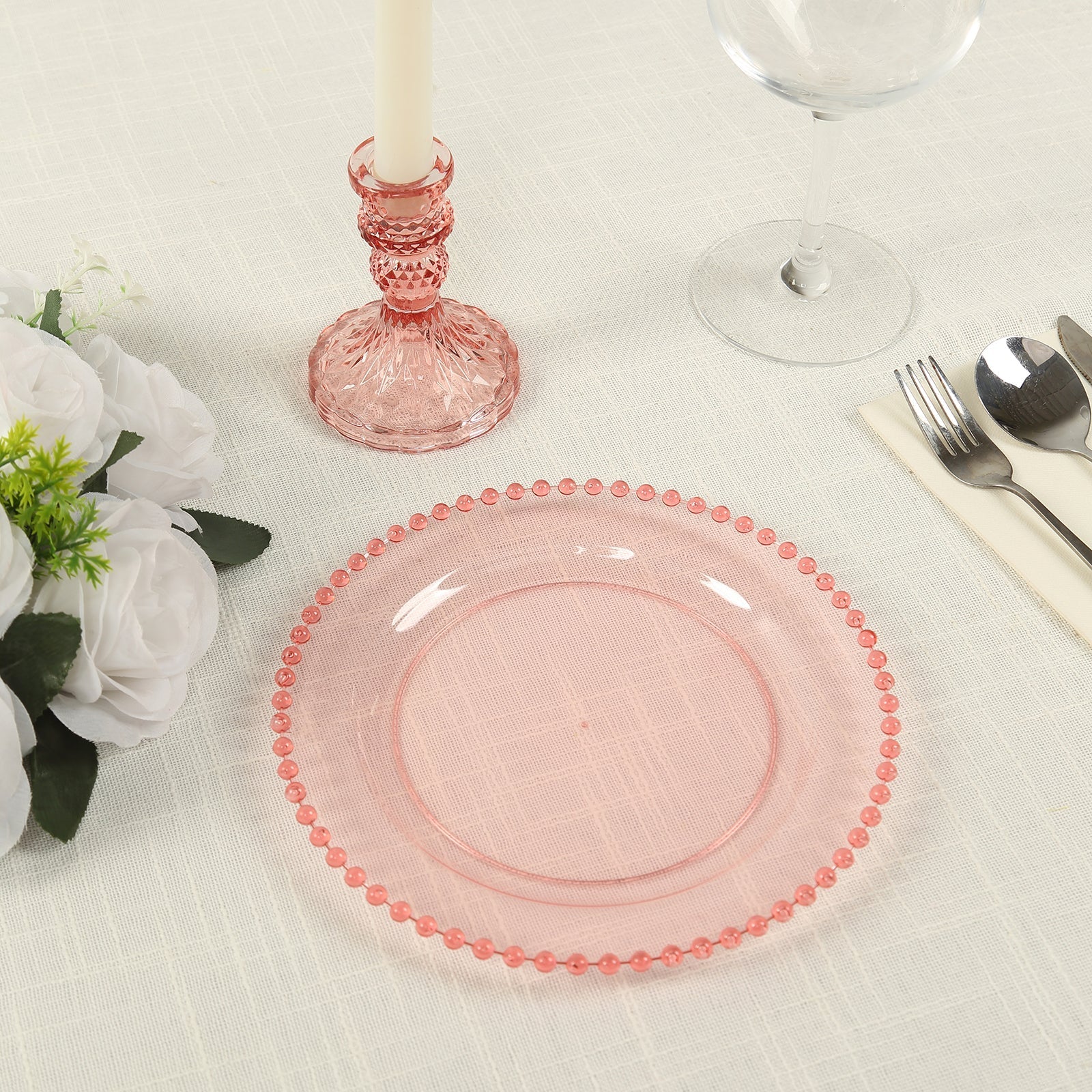 10-Pack Transparent Blush Plastic Dessert Plates – 8" Round with Beaded Rim, Disposable for Parties & Events