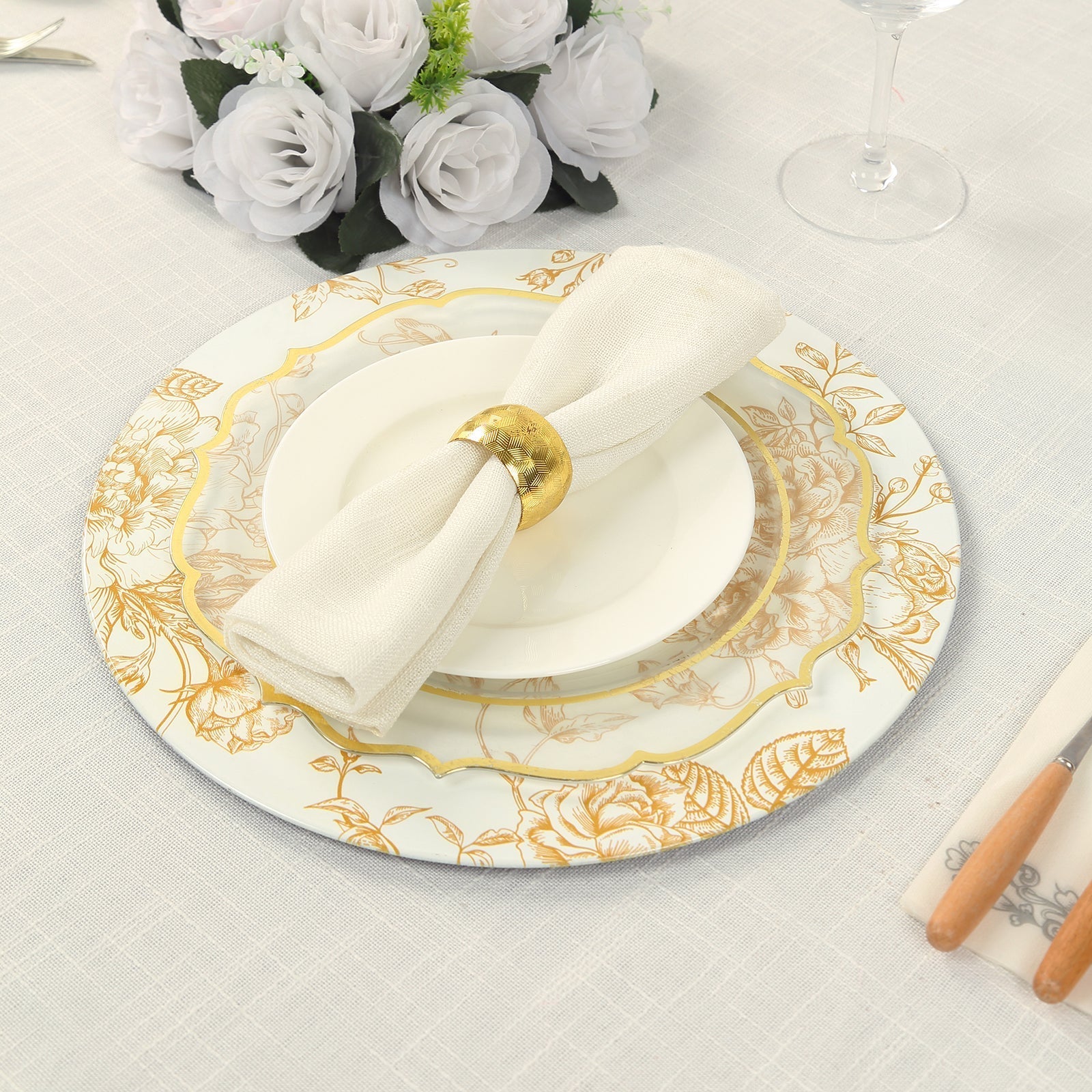 6-Pack Acrylic Round Charger Plates 13" in White with Gold Floral French Toile Pattern, Decorative Dinner Party Charger Tableware