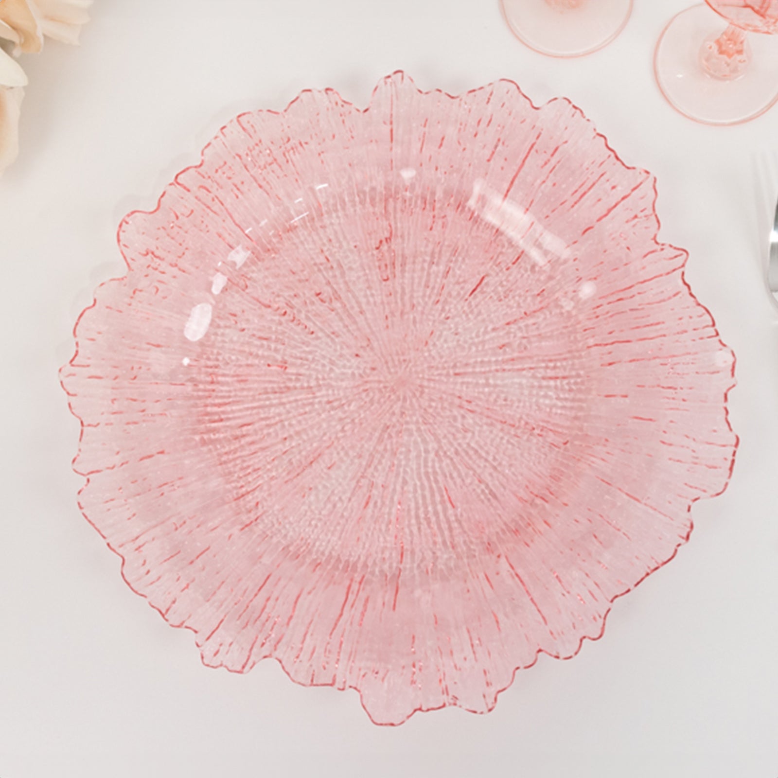 6-Pack Acrylic Plastic Round Charger Plates 13" in Transparent Blush with Reef Design, Dinner Charger Tableware