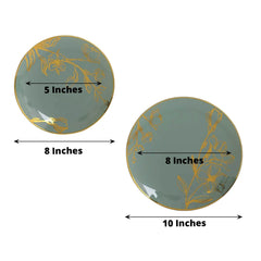 Set of 20 Plastic Round Dinner and Dessert Plates in Dusty Sage Green with Metallic Gold Floral Design - Stylish Disposable Dinnerware 8", 10"